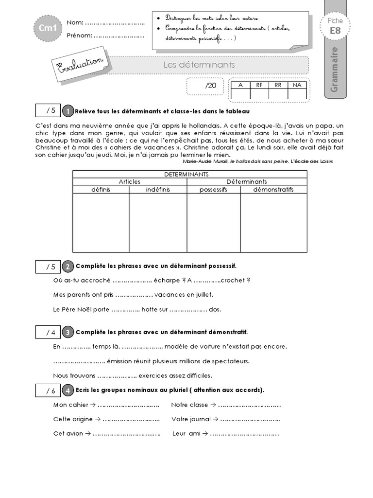 Cm1 Evaluation Determinants | PDF | Grammaire | Communication humaine