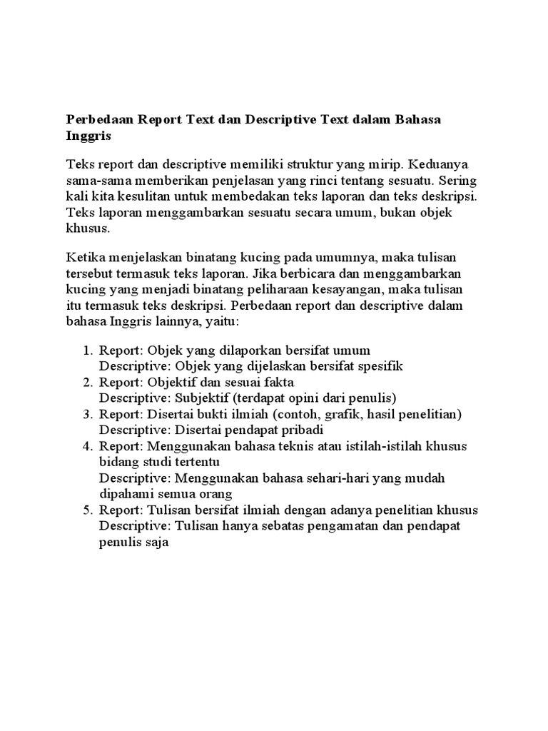 Perbedaan Report Text Dan Descriptive Text Dalam Bahasa Inggris | PDF