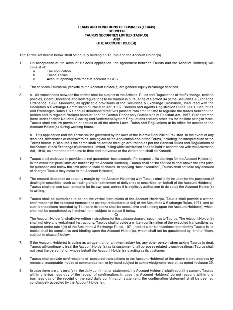 Taurus Securities Terms and Conditions | PDF | Payments | Margin (Finance)