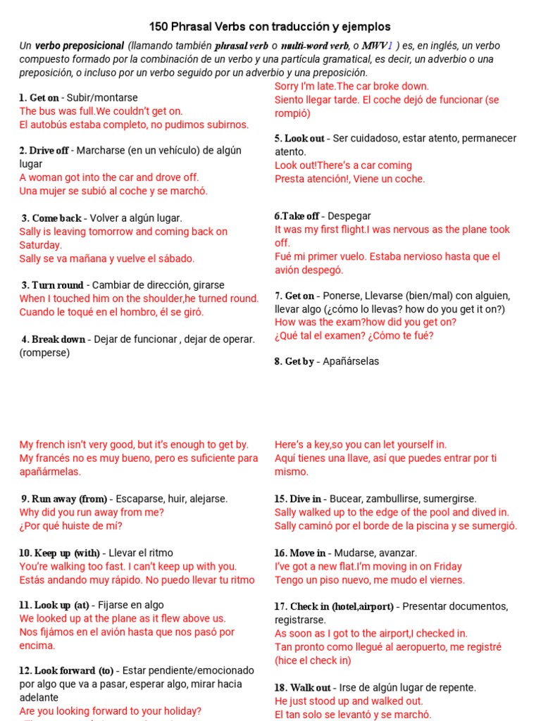 150 Phrasal Verbs con Ejemplos y Traducción | PDF | Tipología ...