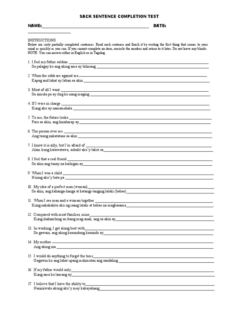 Sack Sentence Completion Test | PDF