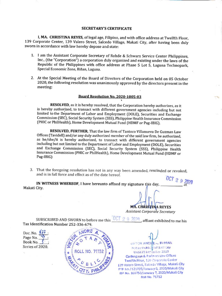 Corporate Secretary Authorization Document | PDF | Companies | Corporations