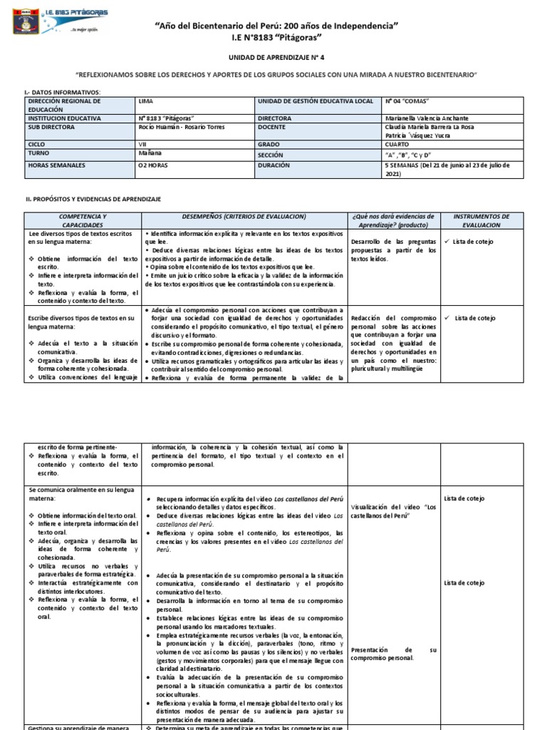 4° Unidad Cuarto Grado Comunicación | PDF | Evaluación | Aprendizaje