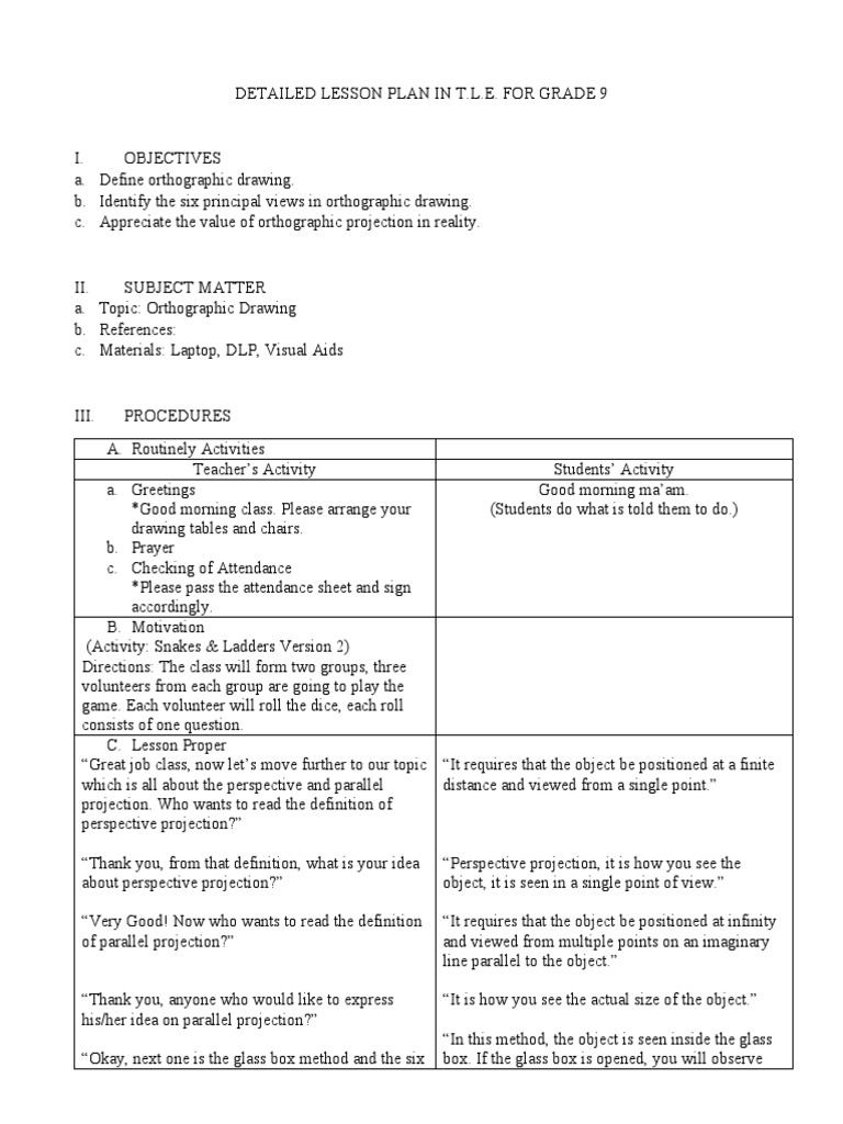 Orthographic Drawing Lesson Plan for Grade 9 | PDF | Technical Drawing ...