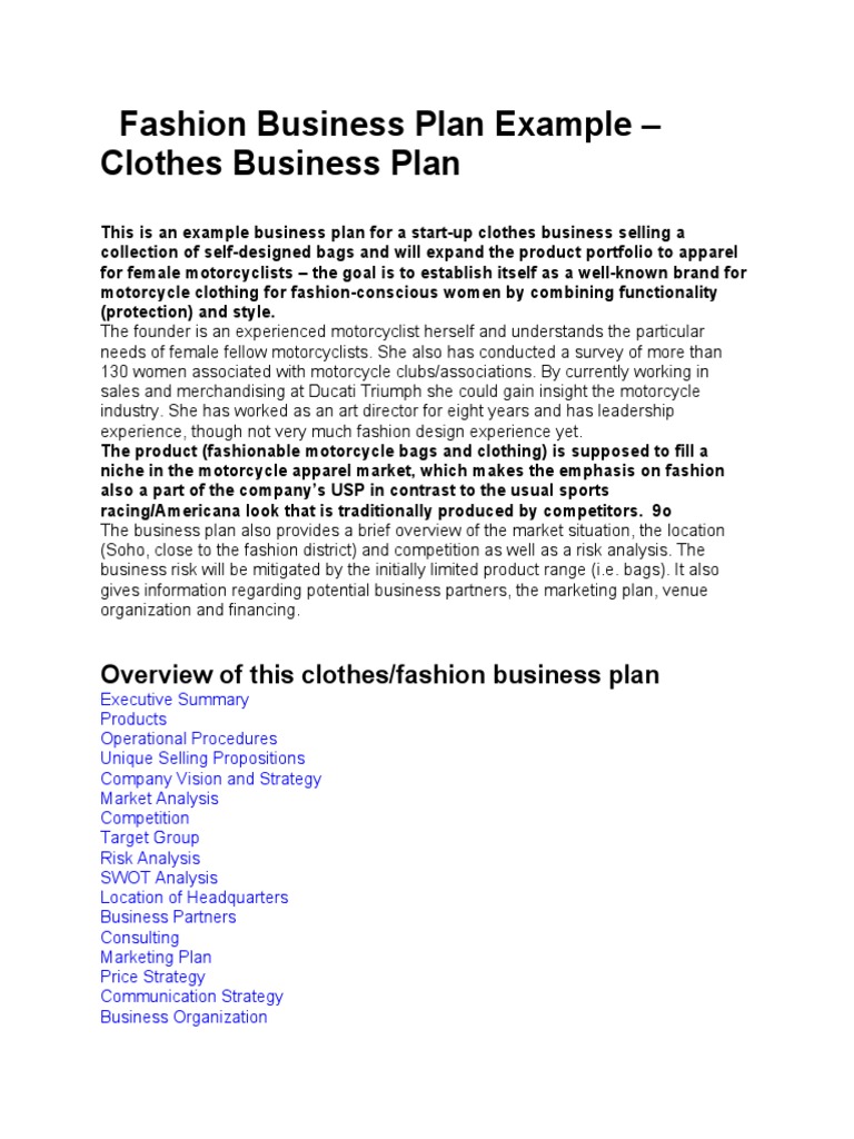 fashion business plan example pdf