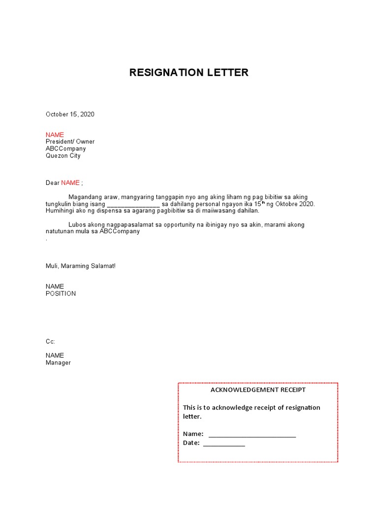 Resignation Letter Tagalog PDF