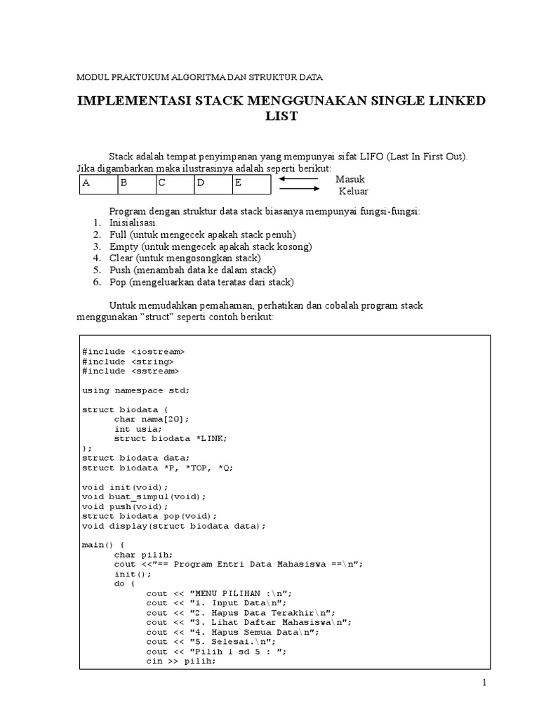 Prak. Implementasi Stack Menggunakan Single LinkedList | PDF