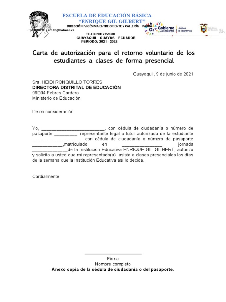 Carta de Autorización y Solicitud de Asistencia Presencial A Clases | PDF