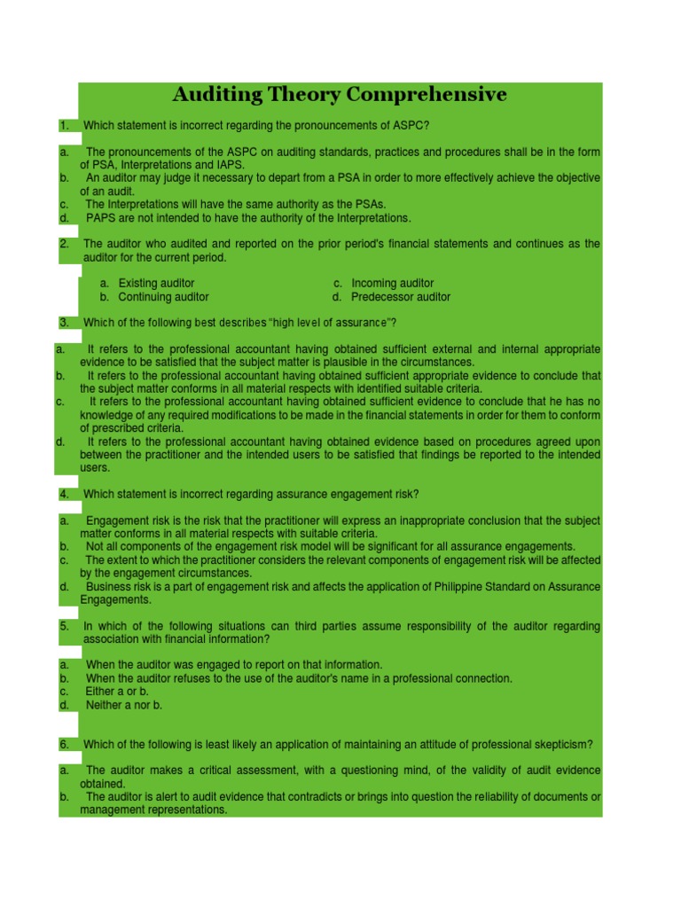 Auditing Theory Exam Questions | PDF | Auditor's Report | Audit