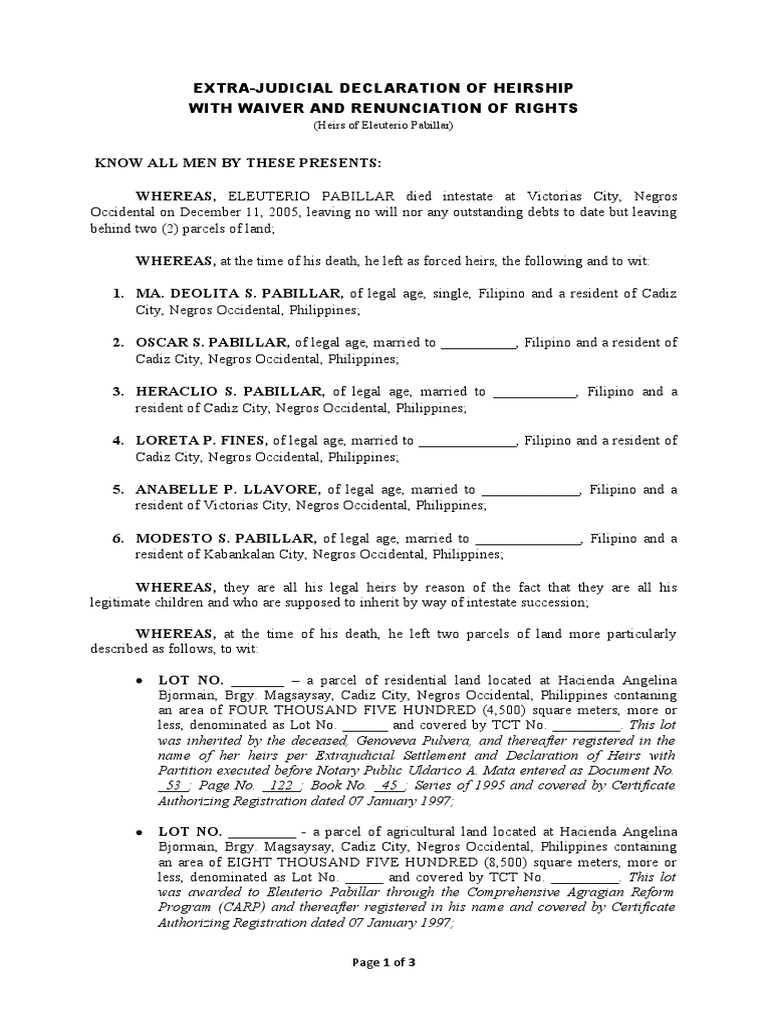 Extrajudicial Declaration of Heirship With Waiver of Rights PDF