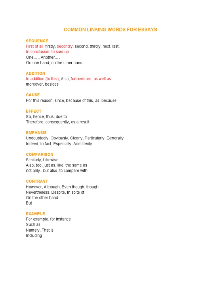 Common Linking Words For Essays PDF