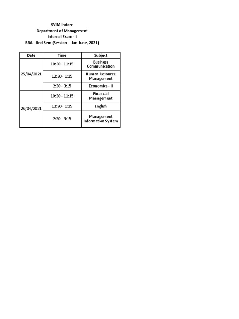 SVIM Indore BBA Internal Exam Schedule | PDF | Business | Economies