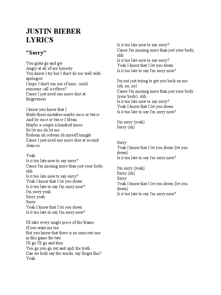 Justin Bieber Lyrics: Sorry, PDF, Justin Bieber