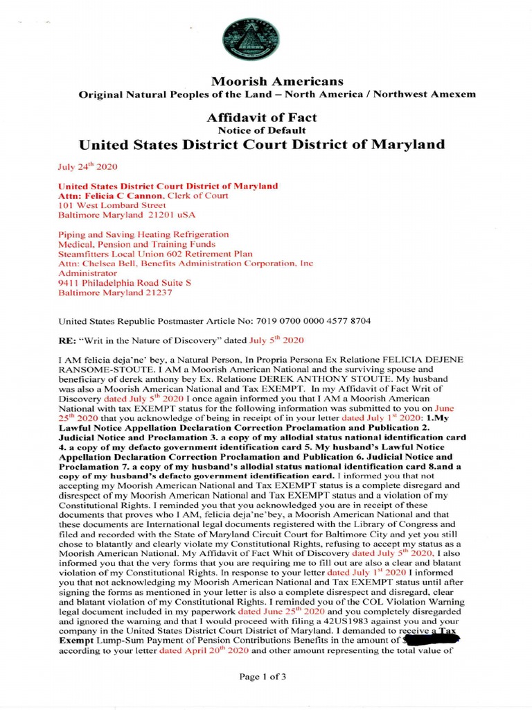 affidavit of fact notice of default STEAMFITTERS LOCAL UNION 602