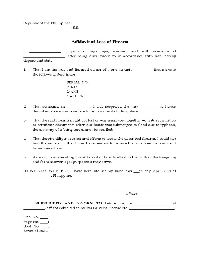 Affidavit of Loss of Firearm Template | PDF