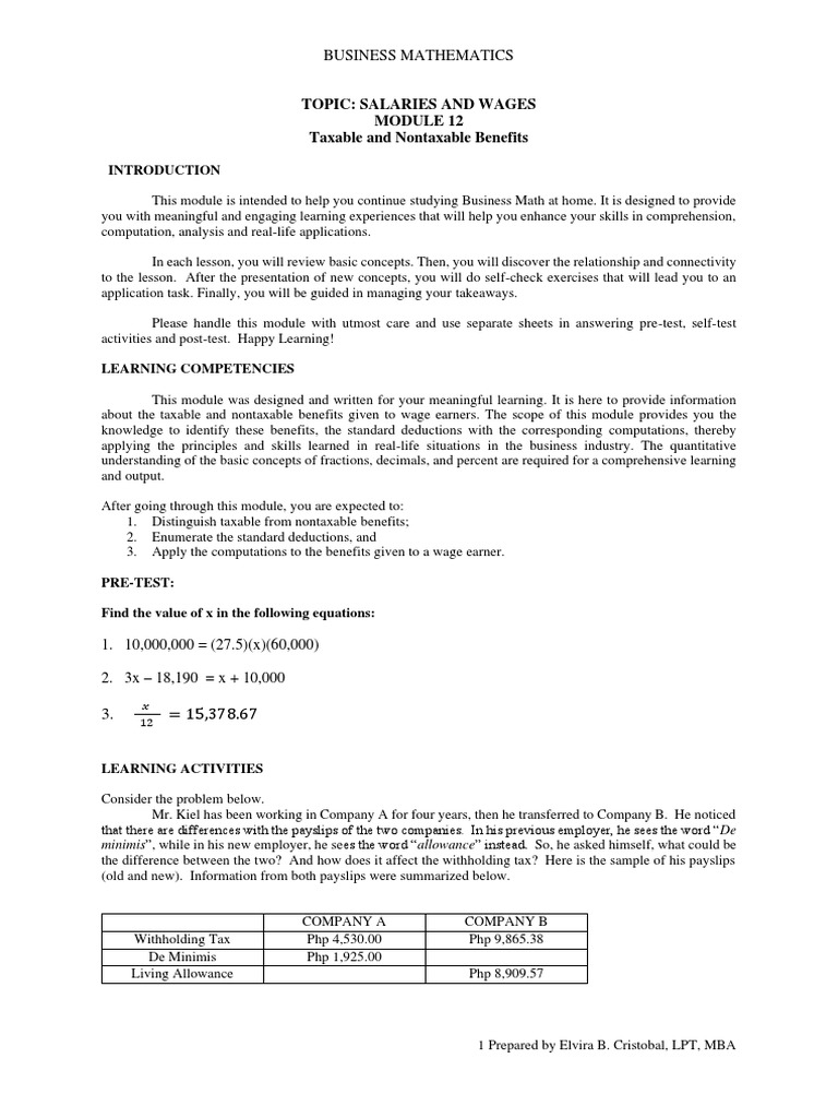 Business Mathematics: Topic: Salaries and Wages Taxable and Nontaxable