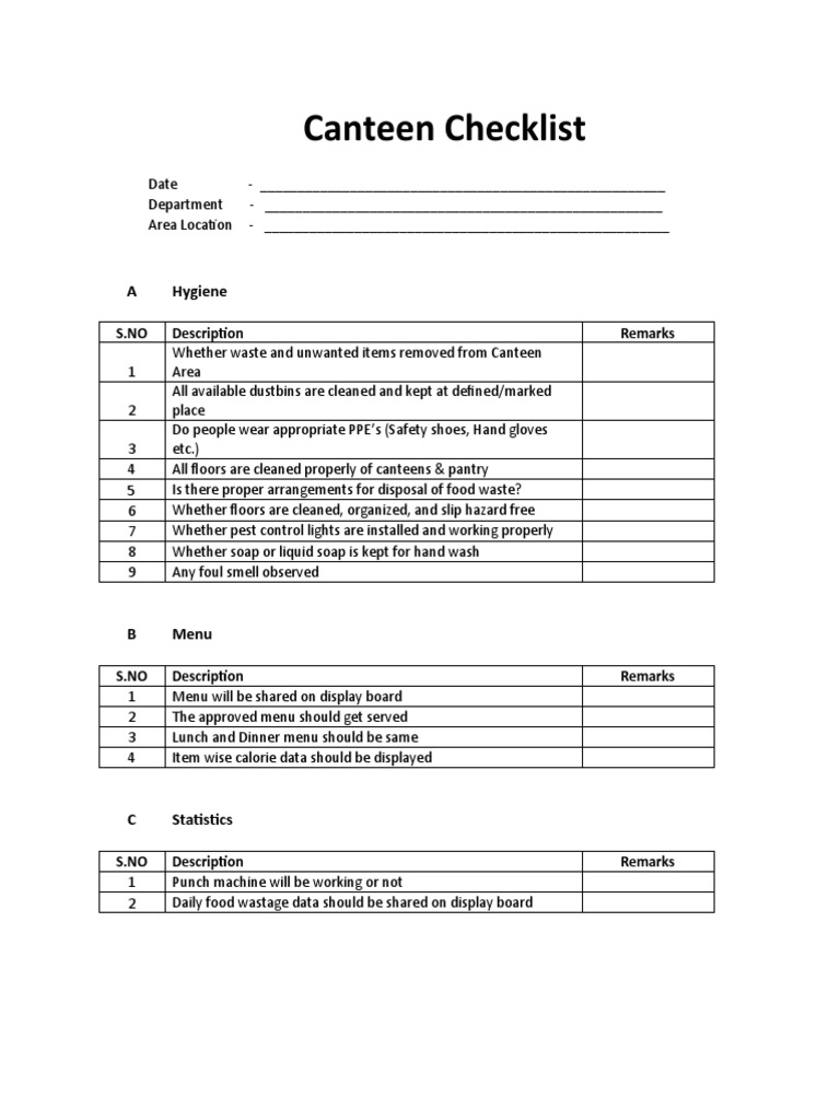 Canteen Checklist A Hygiene PDF Safety Foods