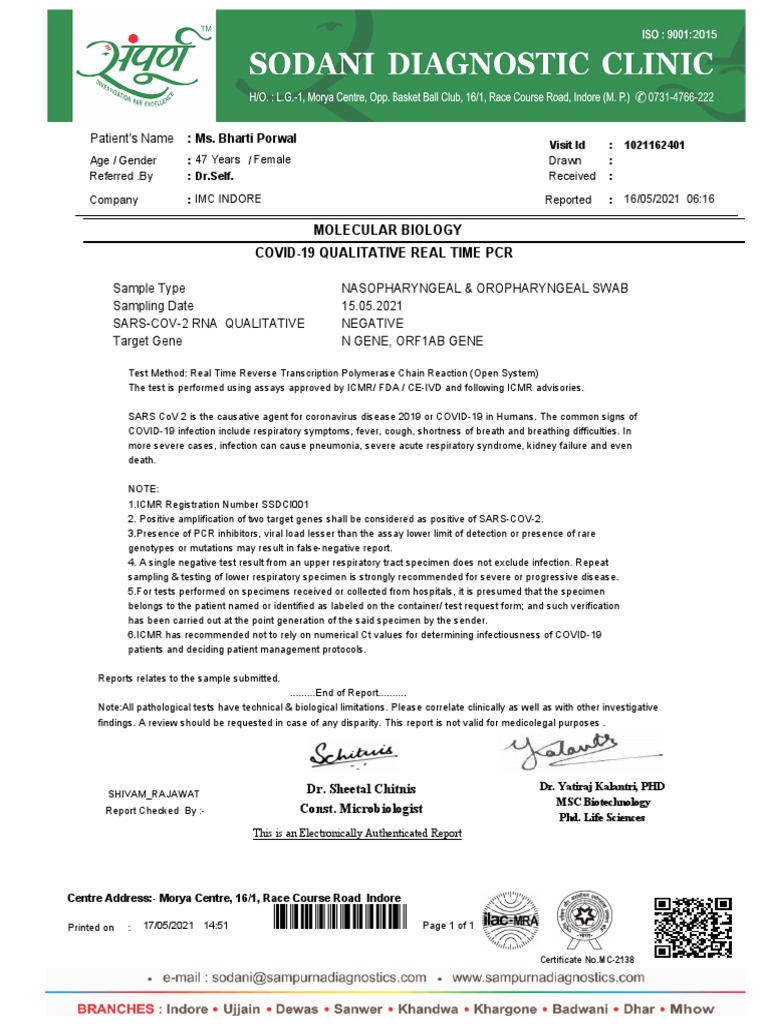 COVID-19 PCR Test Report - Indore | PDF | Polymerase Chain Reaction ...