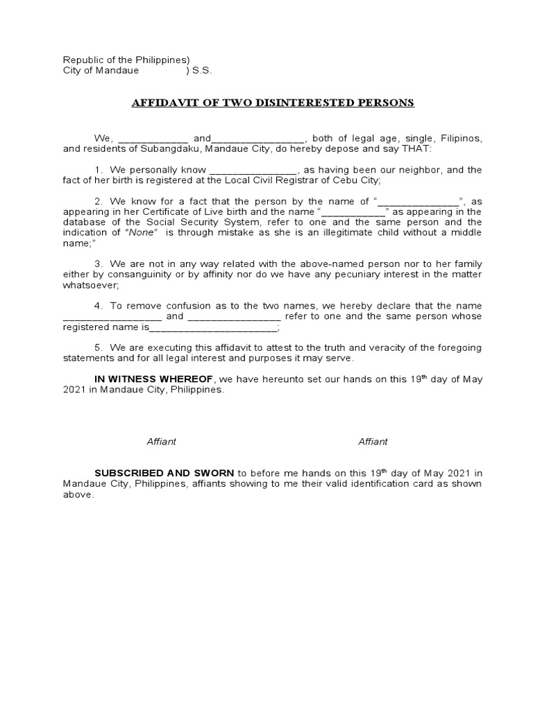 Affidavit of Two Disinterested Persons | PDF