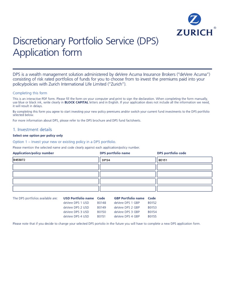 DPS Application Form for Zurich Policies | PDF | Life Insurance | Insurance