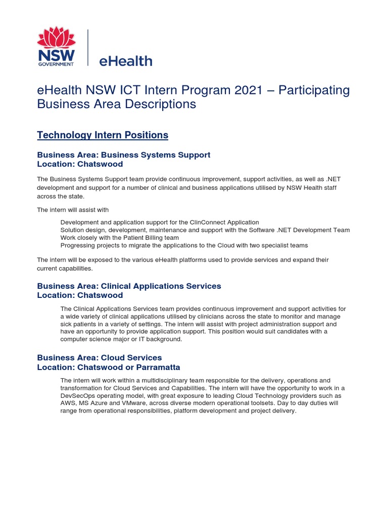 Intern Program 2021 Business Area Descriptions Pdf Procurement Electronic Health Record