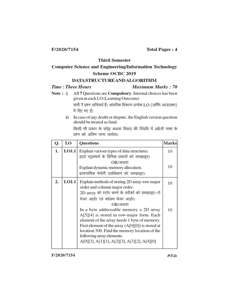 RGPV Diploma Question Paper 2020 PDF Array Data Structure