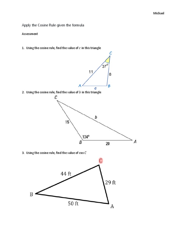 Apply The Cosine Rule Given The Formula: Michael | PDF