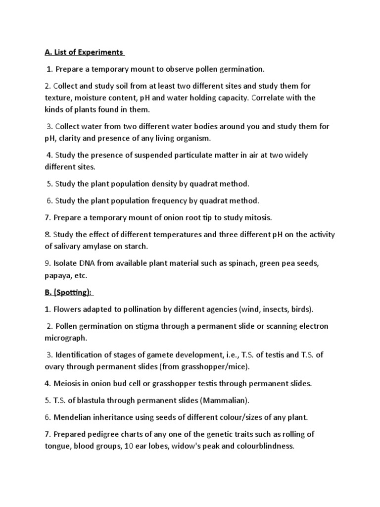 Class 12 Biology Spotting Experiments List | PDF