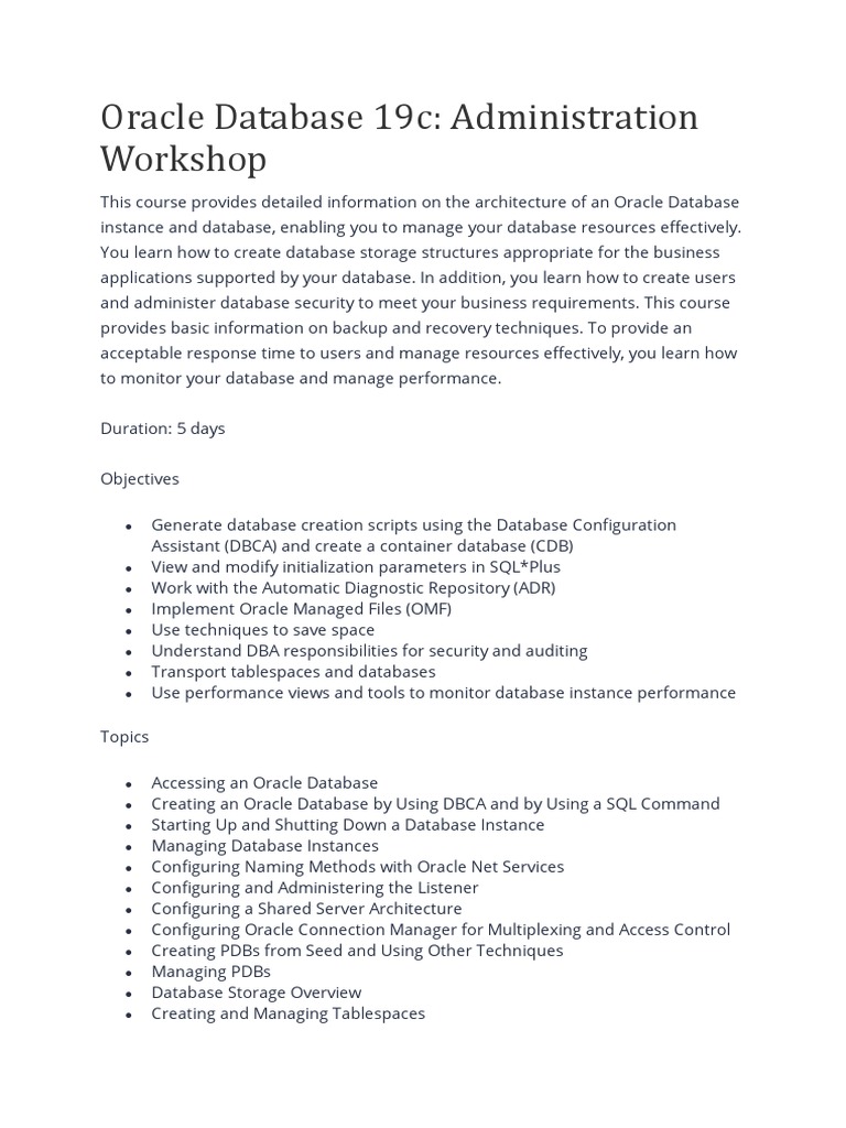 06 - Oracle Database 19c Administration Workshop | PDF