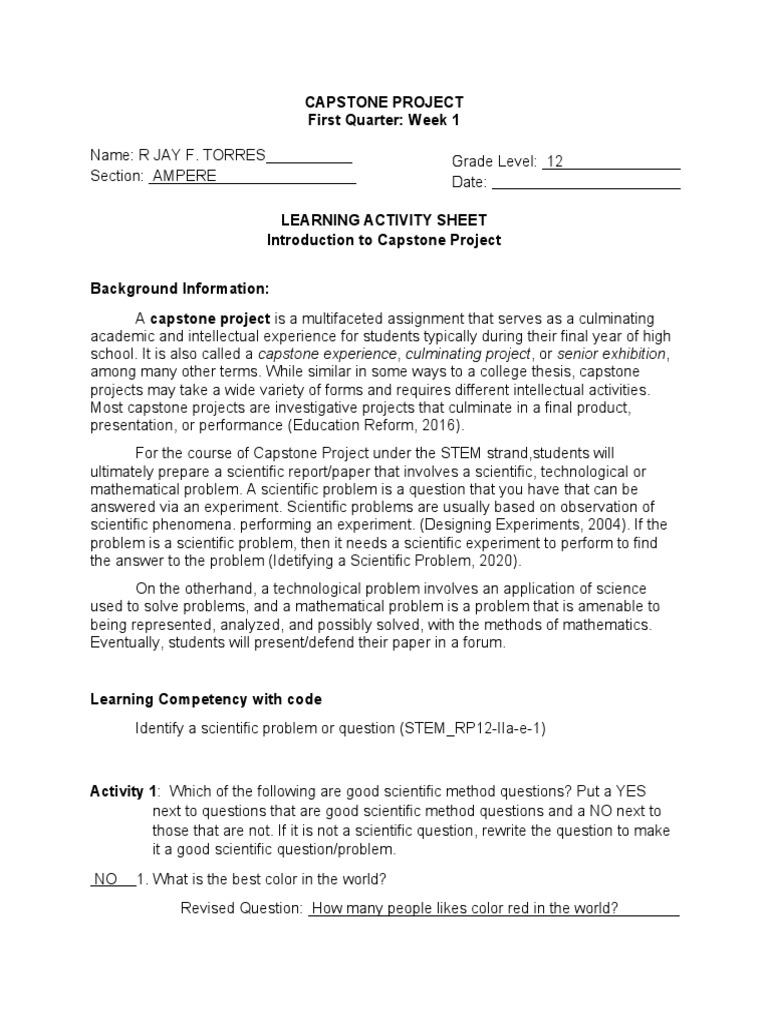 Grade 12 STEM Capstone Project Guide | PDF | Experiment | Science ...
