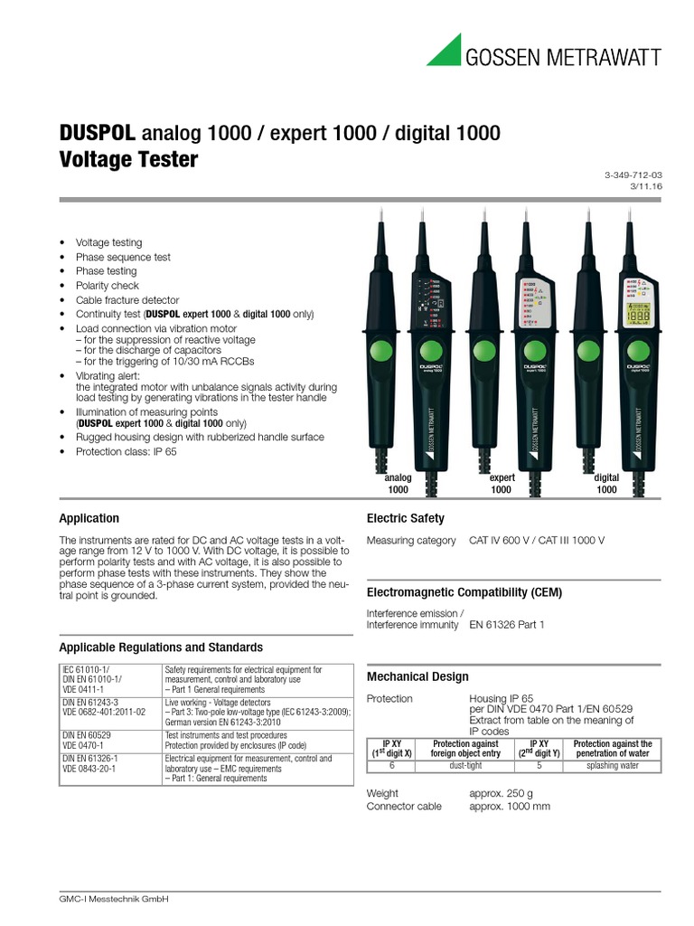 DUSPOL Analog 1000 / Expert 1000 / Digital 1000 Voltage Tester PDF