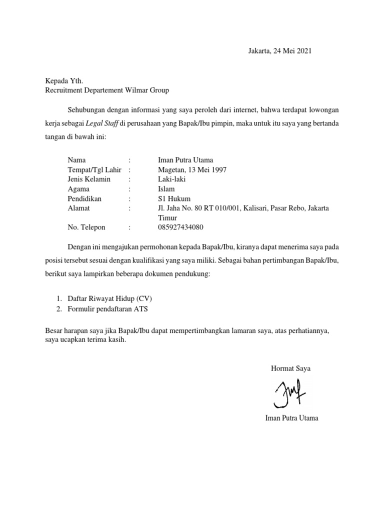Download 63+ Contoh Surat Lamaran Kerja Wilmar Terbaik Gratis