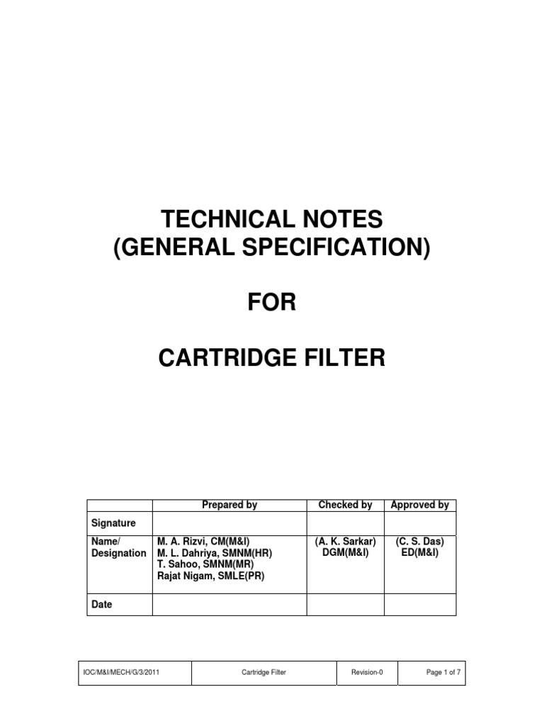 Cartridge Filter Technical Specification | PDF | Pipe (Fluid Conveyance ...