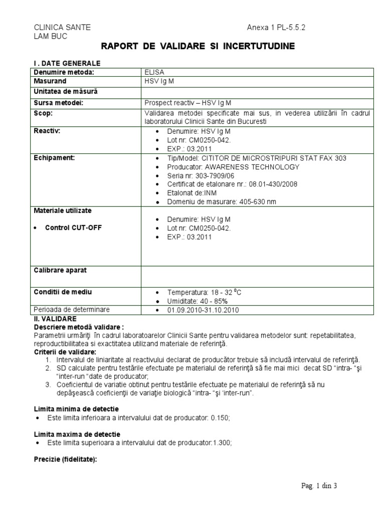 Raport de Validare HSV Ig M | PDF
