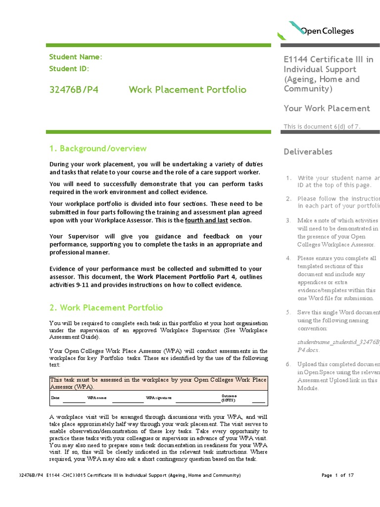32476B/P4 Work Placement Portfolio: 1. Background/overview | PDF ...