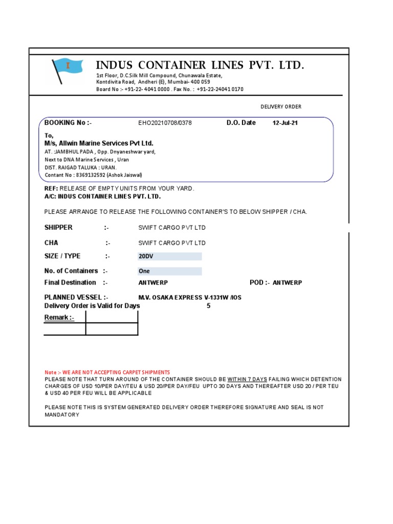 Delivery Order for Container Release | PDF