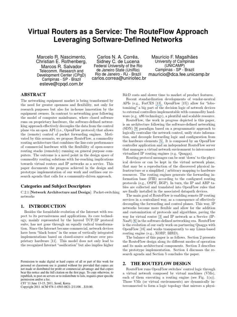 Virtual Routers As A Service: The Routeflow Approach Leveraging ...