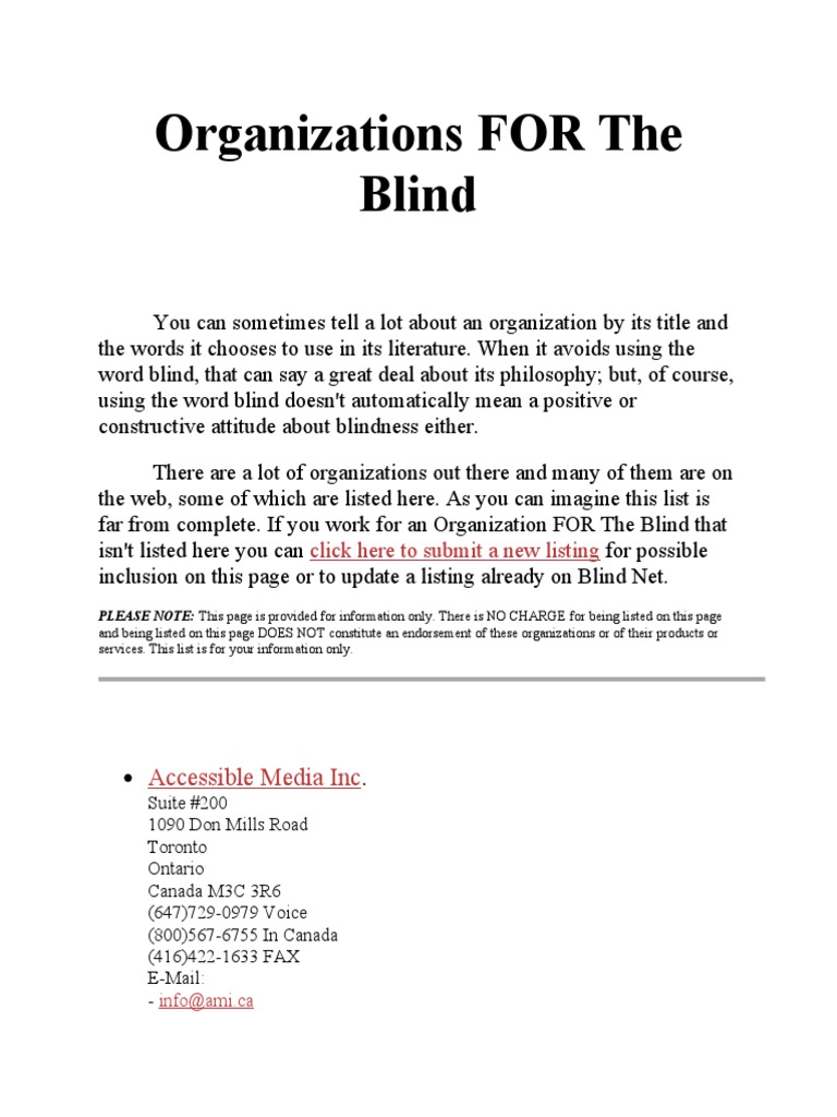 Organizations FOR The Blind PDF Visual Impairment Schools