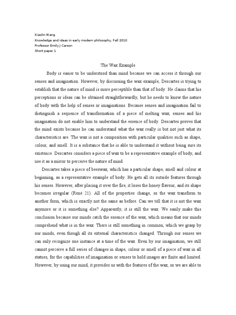 Descartes Wax Example Argument Mind Over Body PDF René Descartes Mind