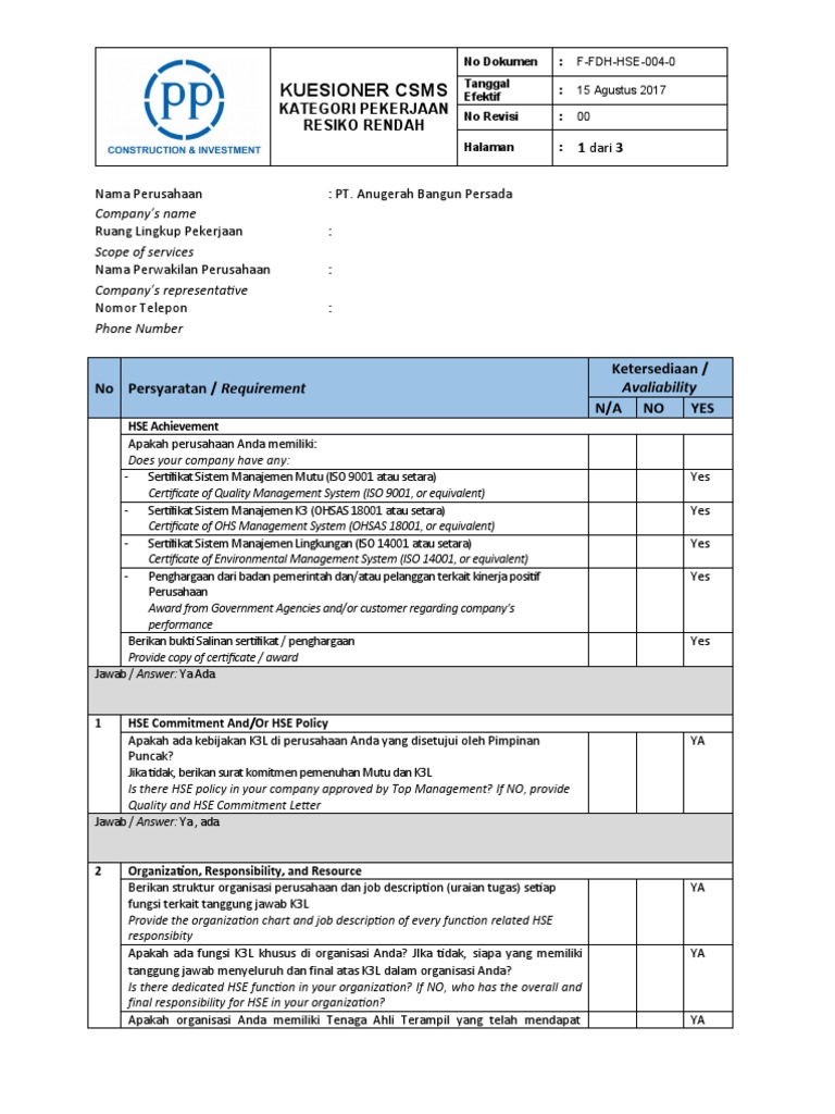 F FDH HSE 004 0 - Kuesioner | PDF