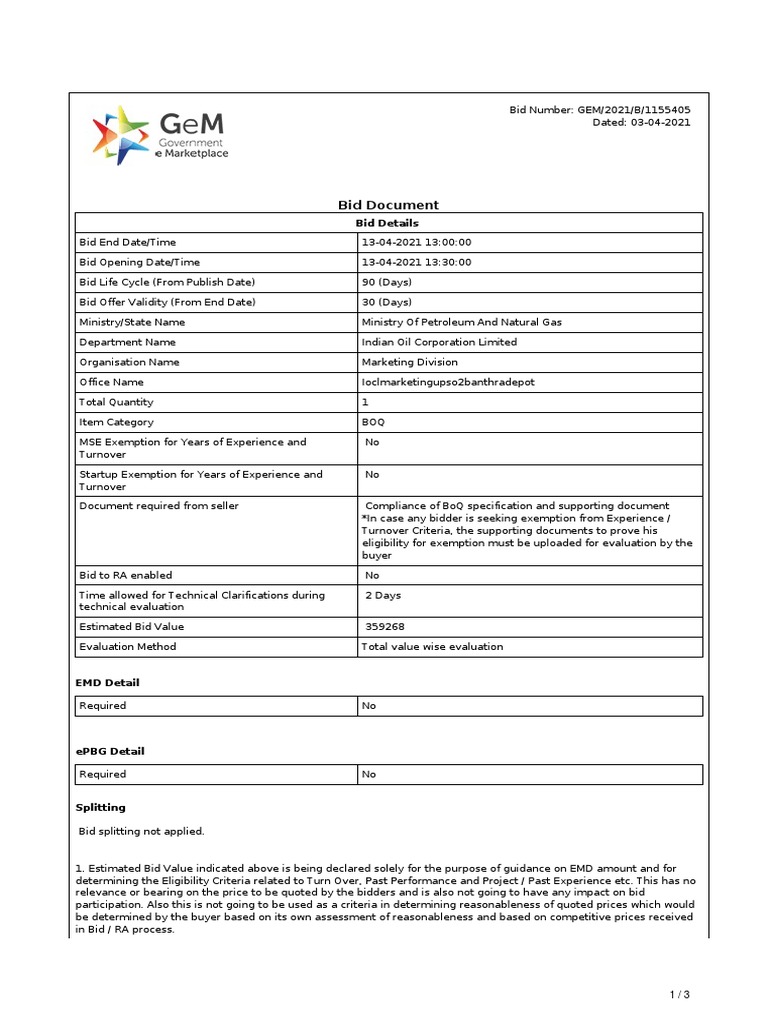 GeM Bidding 2278824 PDF Prices Specification (Technical Standard)