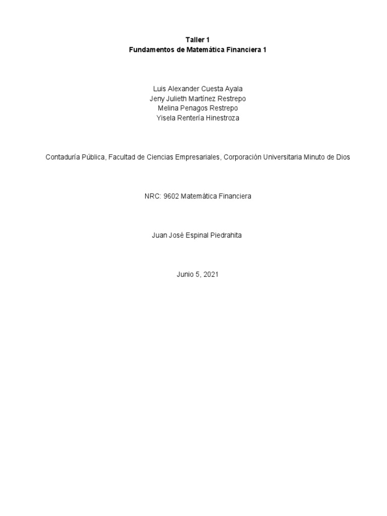 Taller 1 Matemática Financiera Mio | PDF | Interés | Bancos