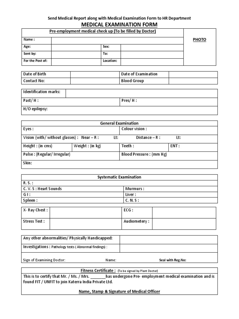 Pre Employment Medical Test Form | PDF