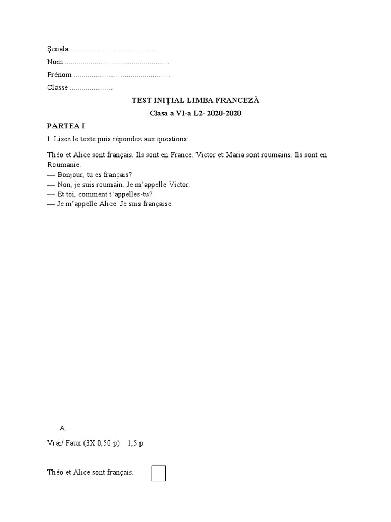 Test initial français Cl. 6 - 2020 | PDF