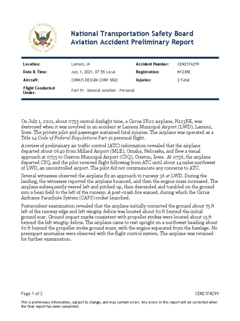 NTSB Accident Preliminary Report Lamoni, Iowa PDF Aviation Airplane