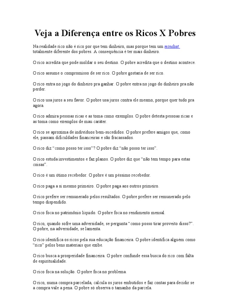 Veja A Diferença Entre Os Ricos X Pobres Pdf Dinheiro Tempo