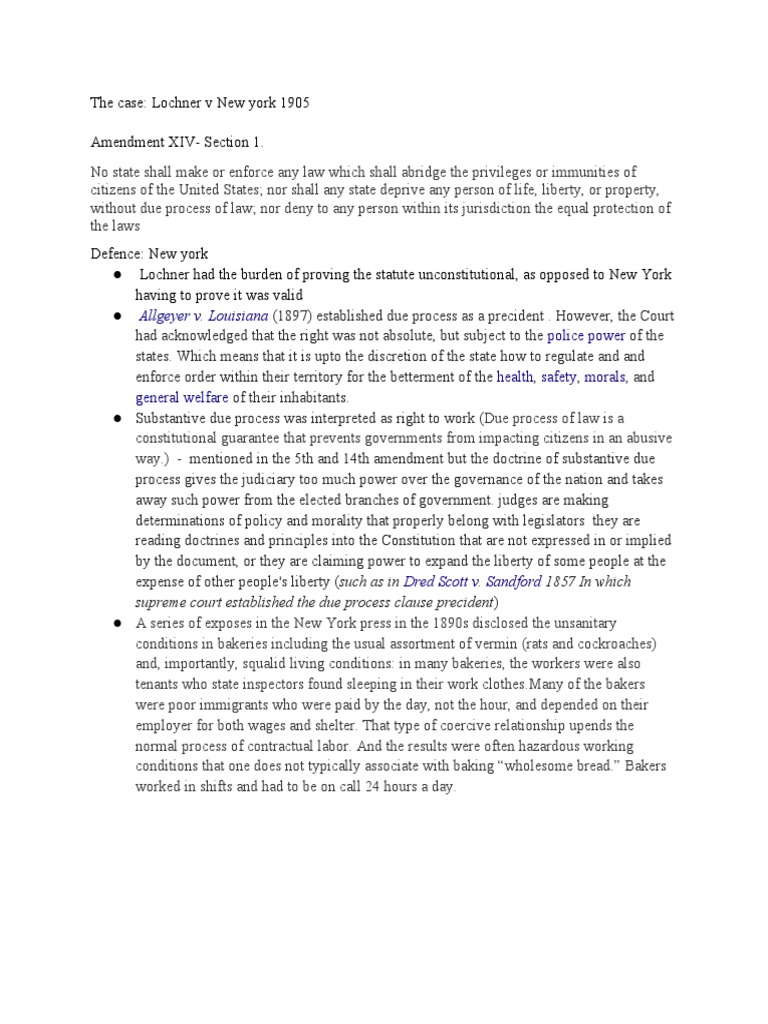 Lochner V. New York 1905 Case Brief