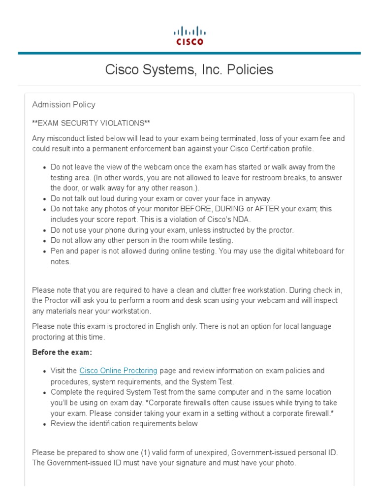 Pearson VUE Cisco Systems, Inc. Policies PDF Identity Document