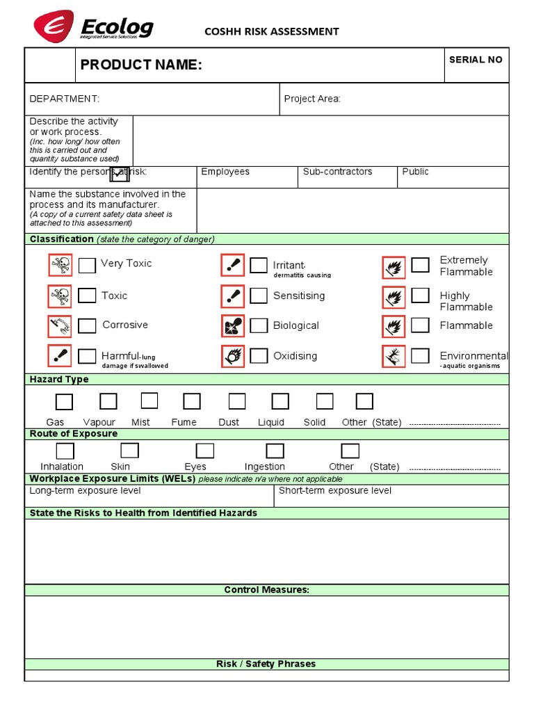COSHH Assessment Form | PDF | Toxicity | Working Conditions