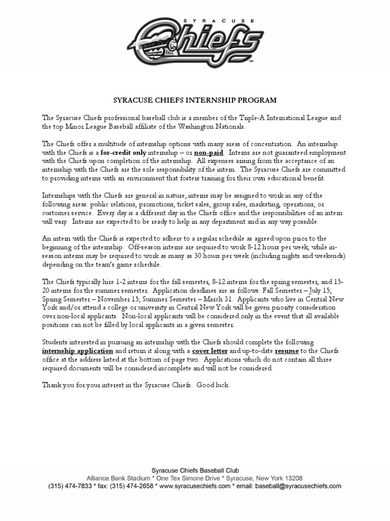 Syracuse Chiefs Internship Application PDF Internship Job Hunting
